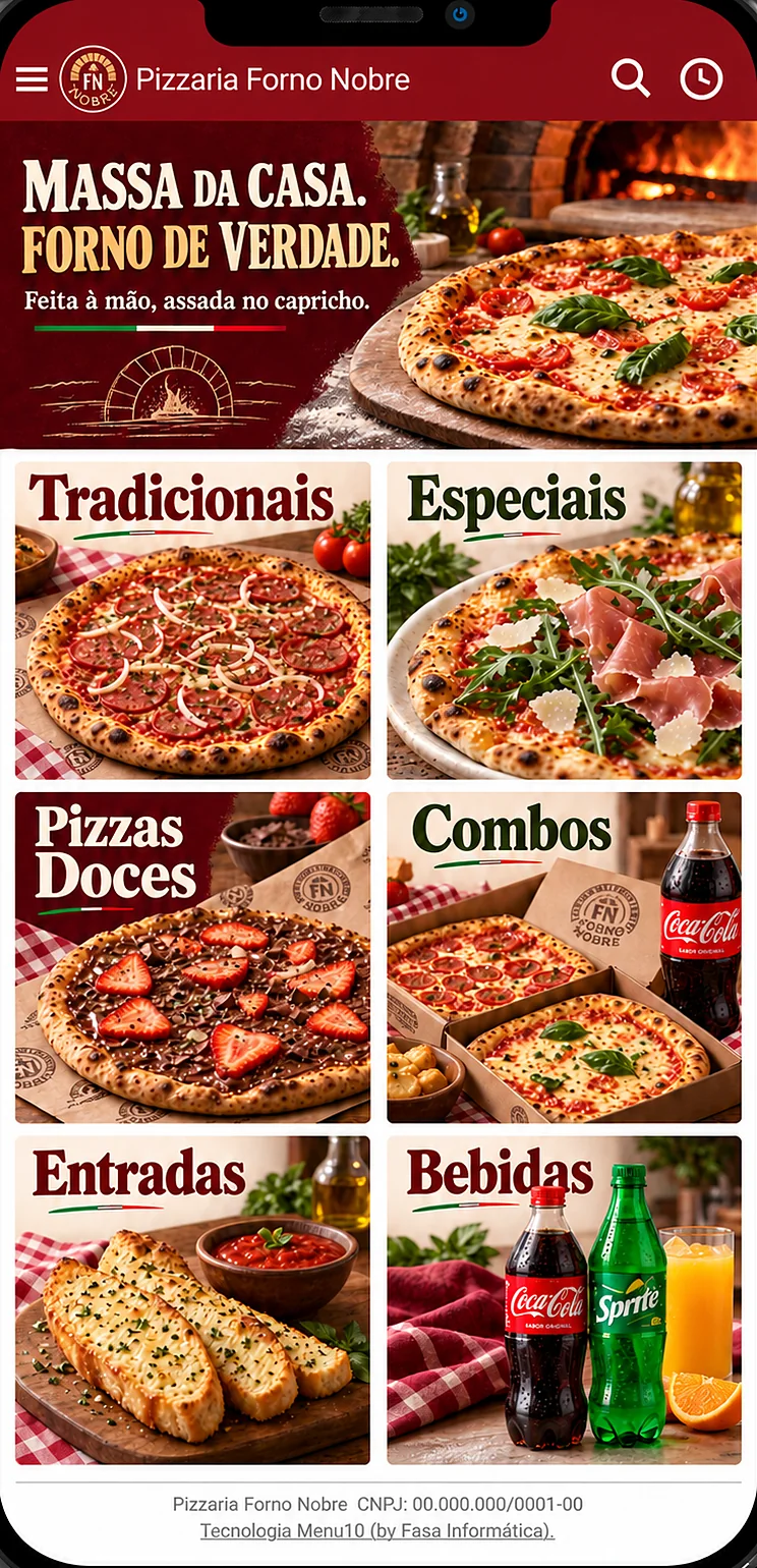 Exemplo de cardápio digital da Pizzaria Forno Nobre no celular: pizzas tradicionais, especiais, doces, combos, entradas e bebidas
